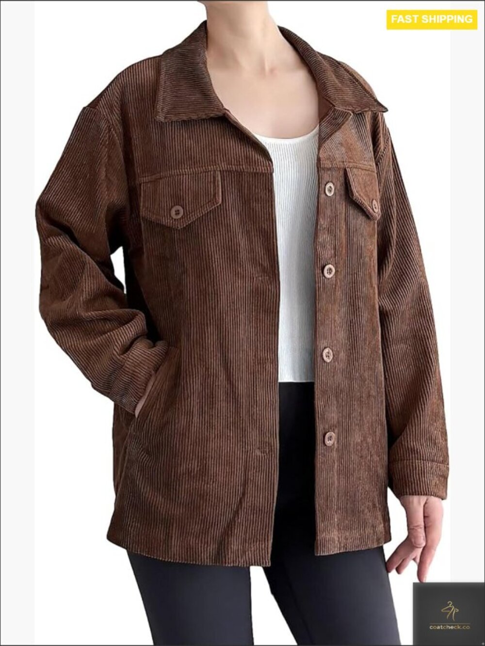 Corduroy Shacket Long Sleeve Button Down Casual Coat with Pockets